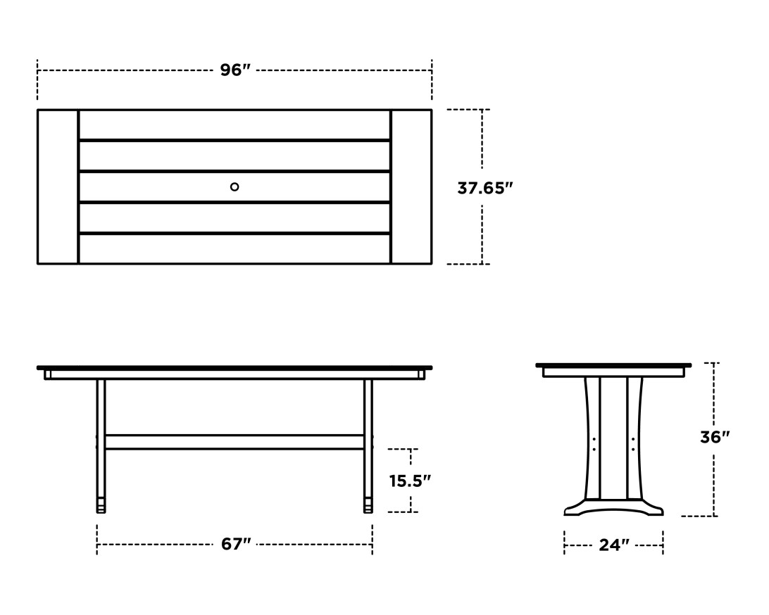Dimensions for Farmhouse Trestle 38" x 96" Counter Table
