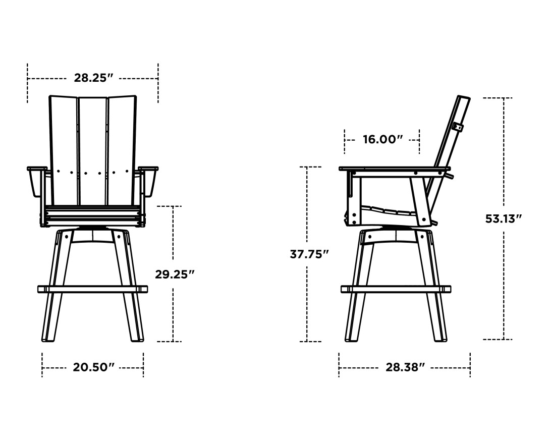 Dimensions for Modern Curveback Adirondack Swivel Bar Chair