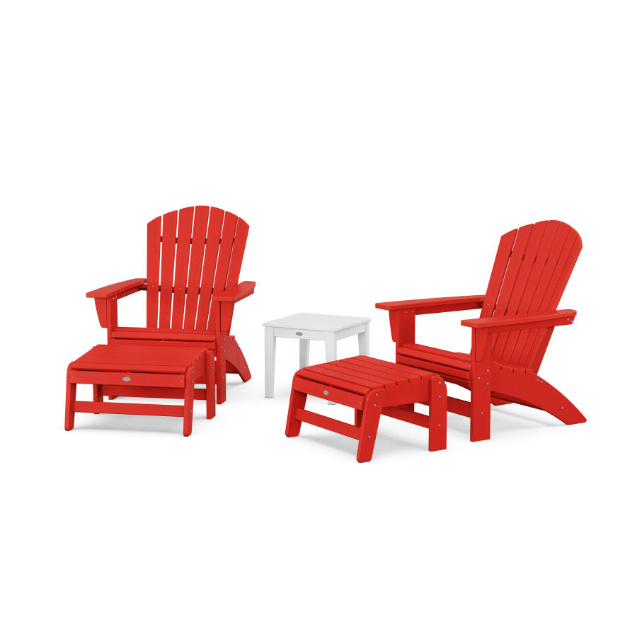 POLYWOOD 5-Piece Nautical Grand Adirondack Set with Ottomans and Side Table in Sunset Red / White