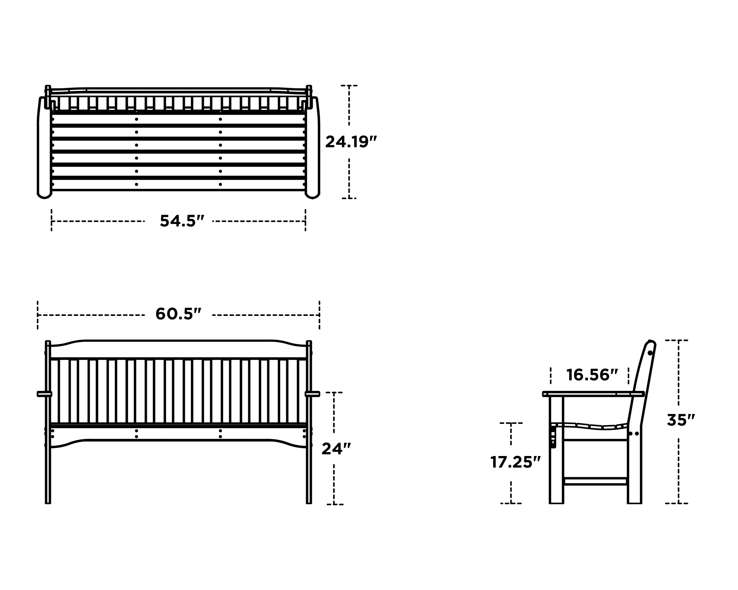 Dimensions for Cottage 60" Bench