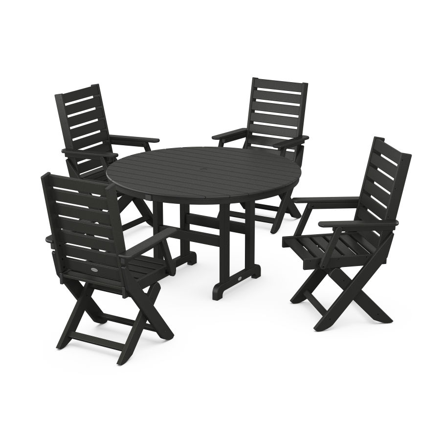 POLYWOOD Captain Folding Chair 5-Piece Round Dining Set in Black