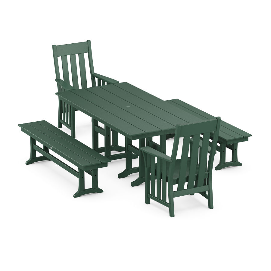 POLYWOOD Acadia 5-Piece Farmhouse Dining Set with Benches in Green