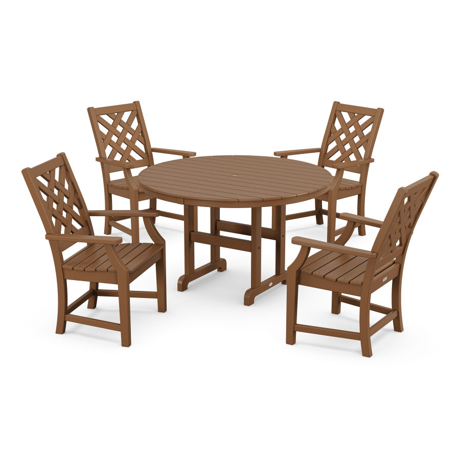 POLYWOOD Wovendale 5-Piece Round Farmhouse Dining Set in Teak