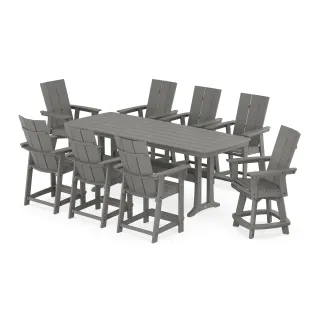 POLYWOOD Modern Curveback Adirondack Swivel 9-Piece Counter Set with Trestle Legs