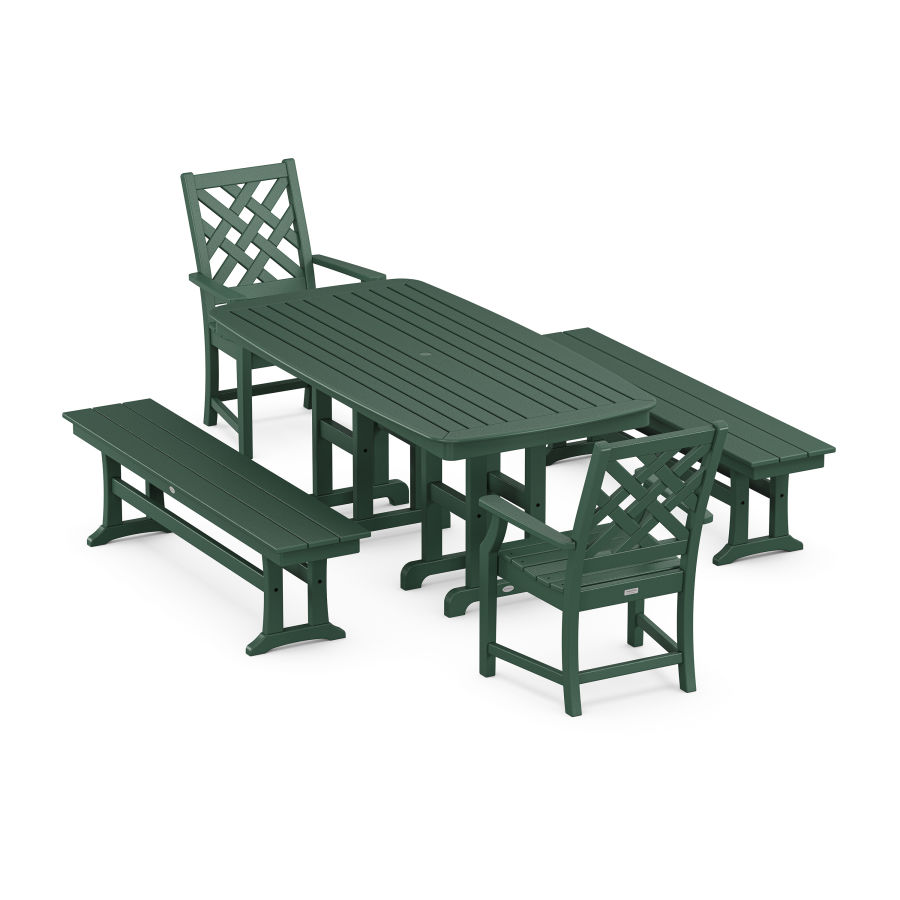 POLYWOOD Wovendale 5-Piece Dining Set with Benches in Green