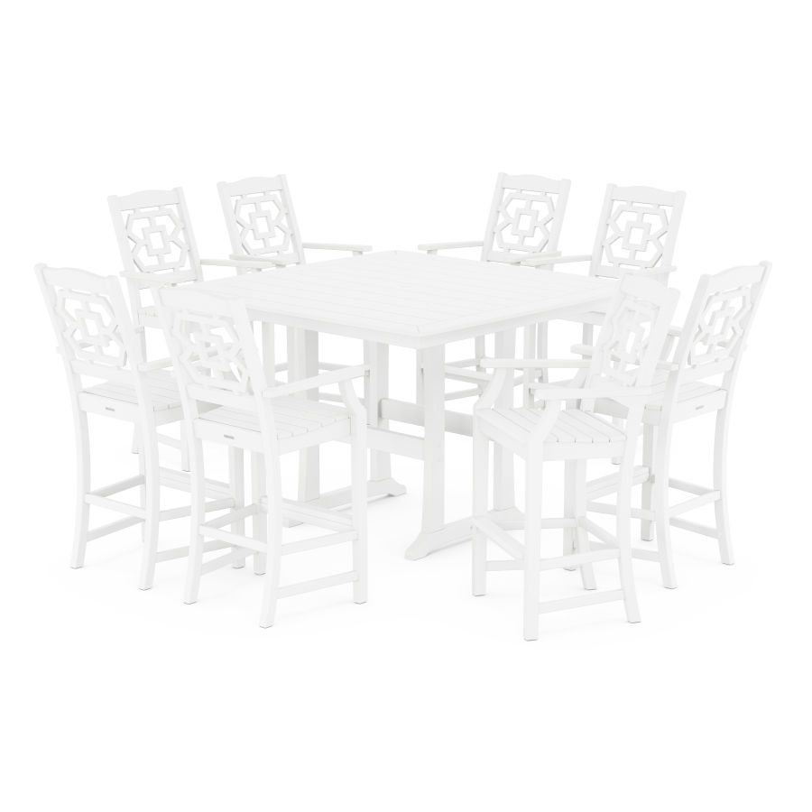 POLYWOOD Chinoiserie 9-Piece Square Bar Set with Trestle Legs in White