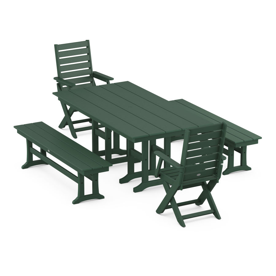 POLYWOOD Captain Folding Chair 5-Piece Farmhouse Dining Set with Benches in Green