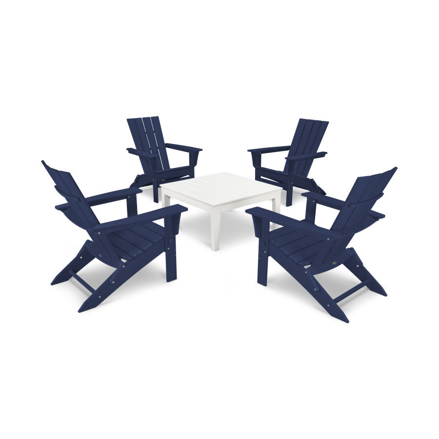 POLYWOOD Quattro Folding Chair 5-Piece Conversation Set in Navy / White