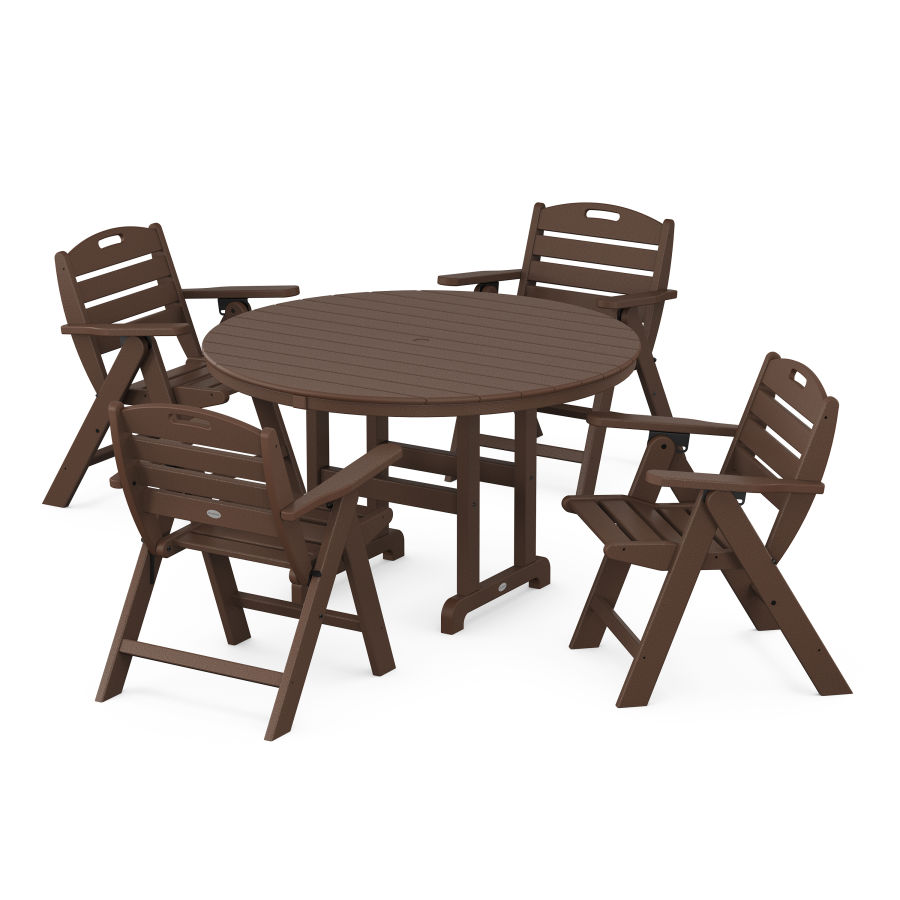 POLYWOOD Nautical Folding Lowback Chair 5-Piece Round Farmhouse Dining Set in Mahogany