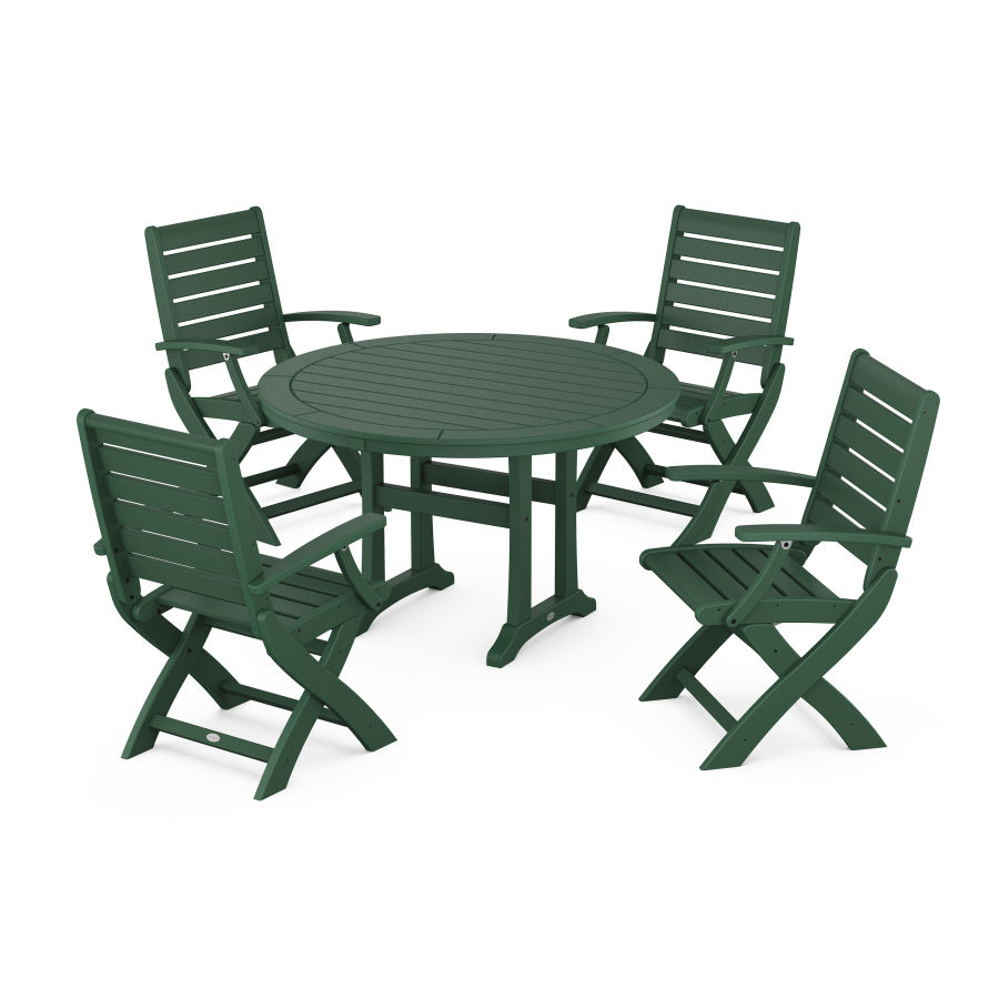 POLYWOOD Signature Folding Chair 5-Piece Round Dining Set with Trestle Legs in Green