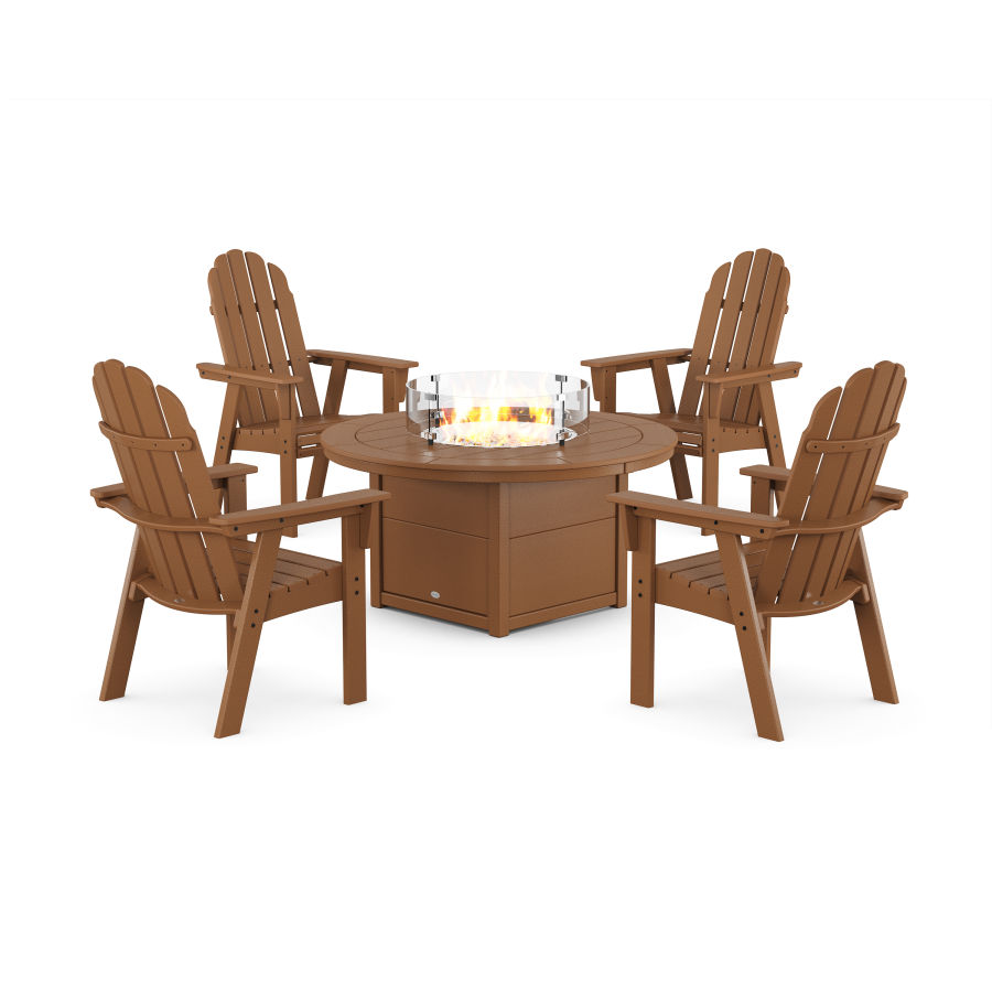 POLYWOOD Vineyard 4-Piece Curveback Upright Adirondack Conversation Set with Fire Pit Table in Teak