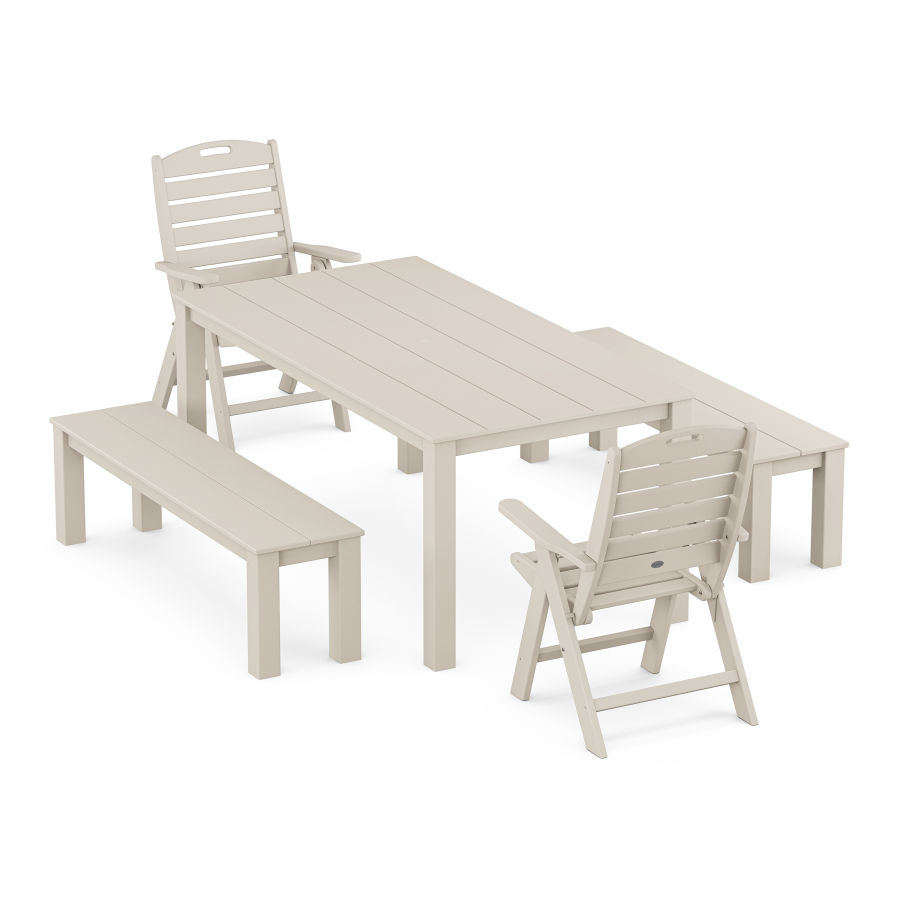 POLYWOOD Nautical Folding Highback Chair 5-Piece Parsons Dining Set with Benches in Sand