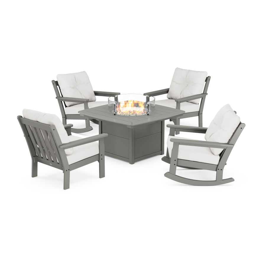 POLYWOOD Vineyard 5-Piece Deep Seating Rocking Chair Conversation Set with Fire Pit Table in Slate Grey / Natural Linen