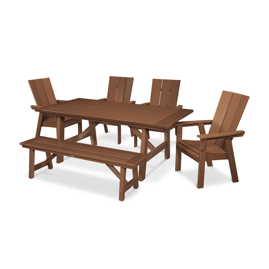 POLYWOOD Modern Adirondack 6-Piece Rustic Farmhouse Dining Set with Bench in Teak