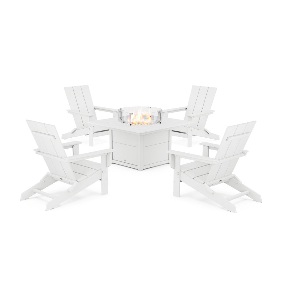 POLYWOOD 5-Piece Modern Studio Folding Adirondack Conversation Set with Fire Pit Table in White