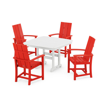 Modern Adirondack 5-Piece Dining Set with Trestle Legs in Sunset Red / White