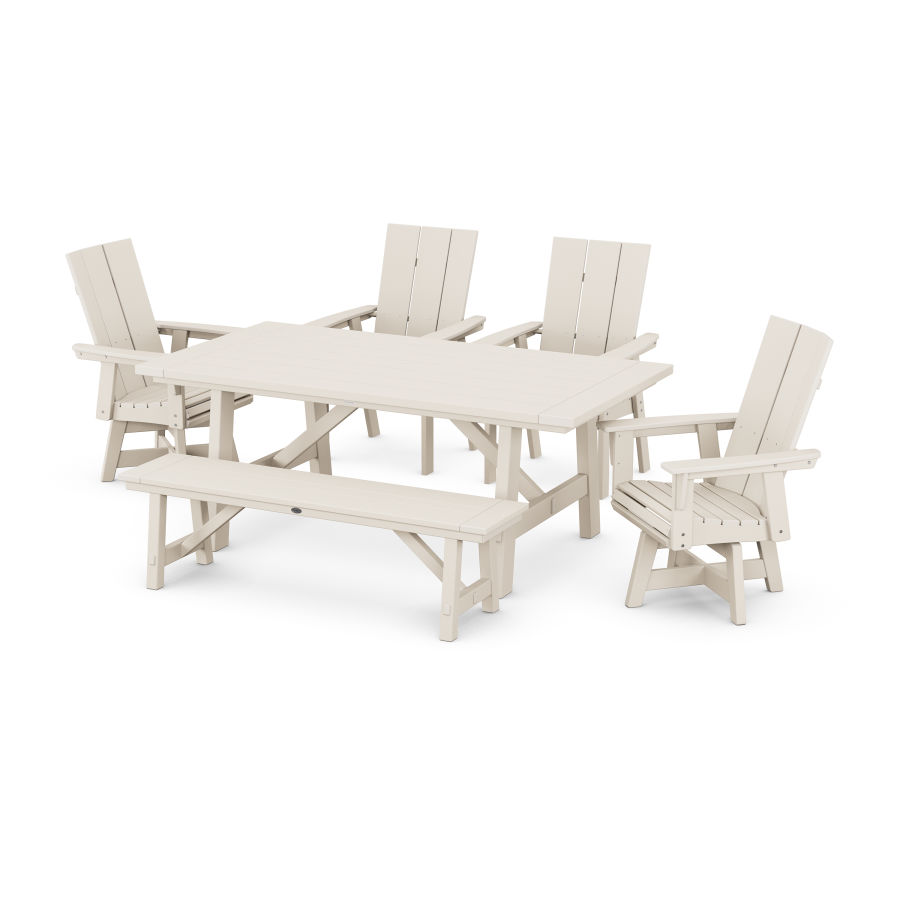 POLYWOOD Modern Curveback Adirondack 6-Piece Rustic Farmhouse Swivel Dining Set with Bench in Sand
