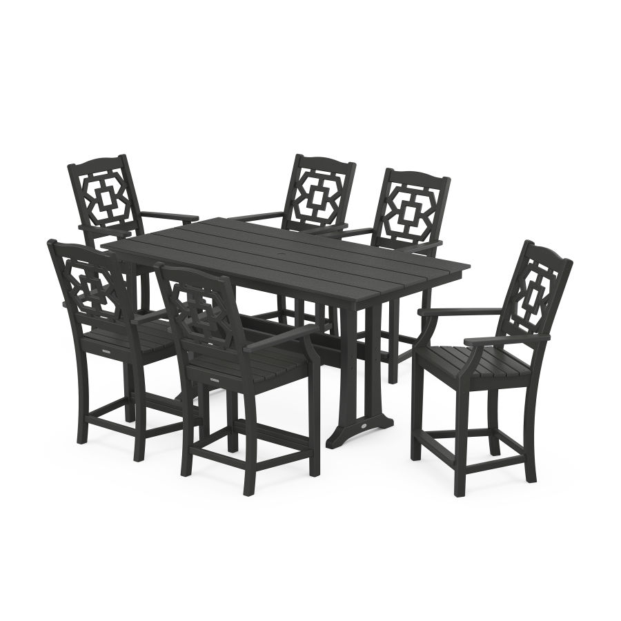 POLYWOOD Chinoiserie Arm Chair 7-Piece Farmhouse Counter Set with Trestle Legs in Black