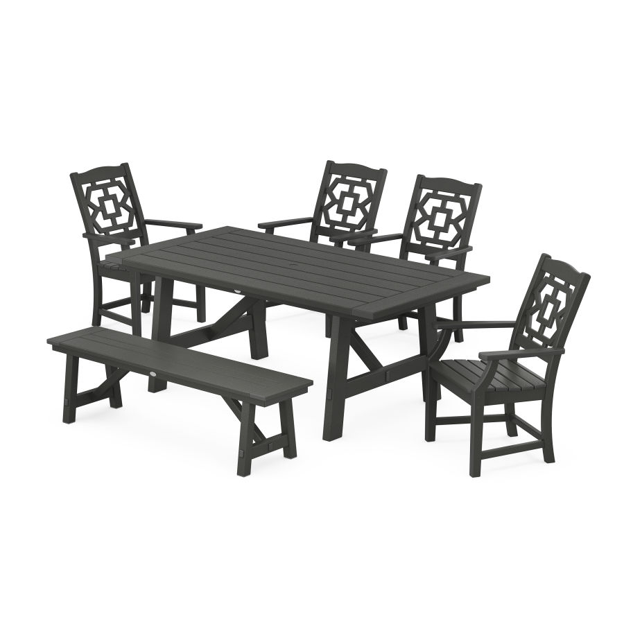 POLYWOOD Chinoiserie 6-Piece Rustic Farmhouse Dining Set with Bench in Black