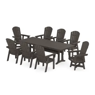 POLYWOOD Nautical Curveback Adirondack Swivel 9-Piece Farmhouse Dining Set with Trestle Legs in Vintage Finish