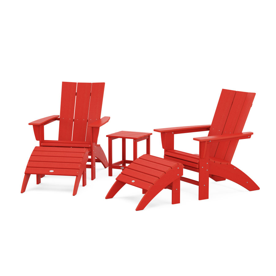 POLYWOOD Modern Curveback Adirondack Chair 5-Piece Set with Ottomans and 18" Side Table in Sunset Red
