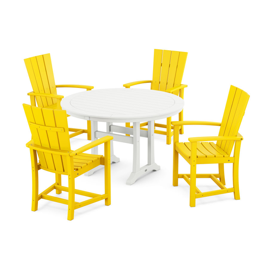 POLYWOOD Quattro 5-Piece Round Dining Set with Trestle Legs in Lemon / White