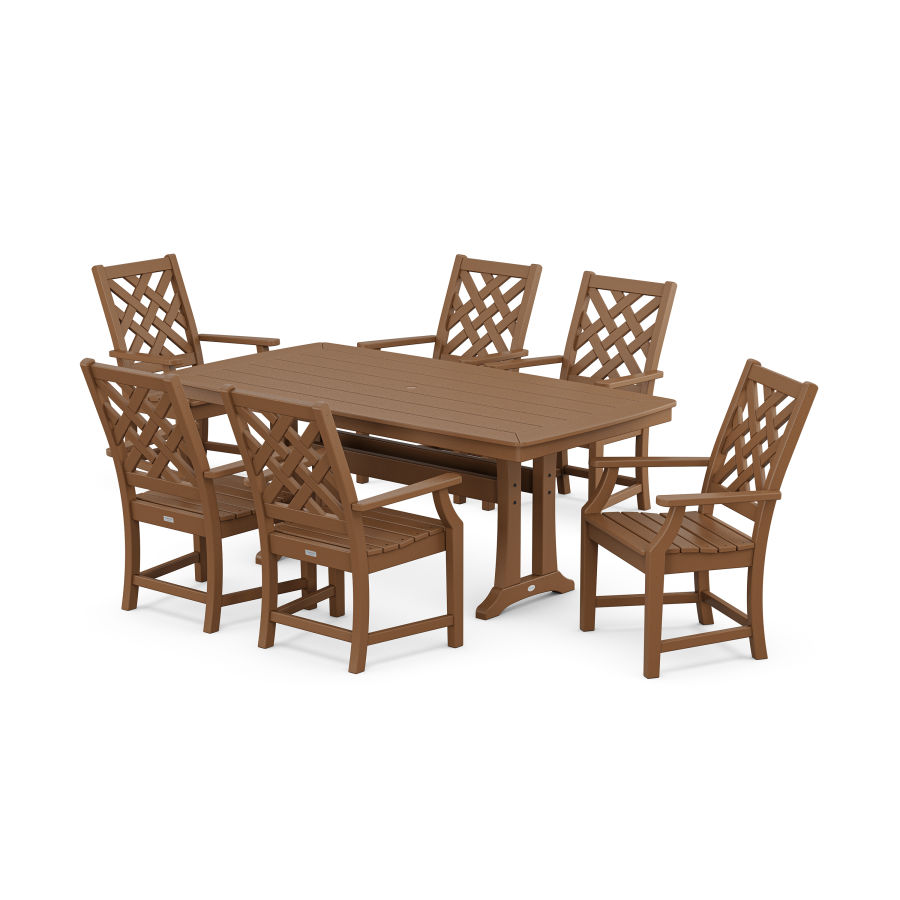 POLYWOOD Wovendale Arm Chair 7-Piece Dining Set with Trestle Legs in Teak