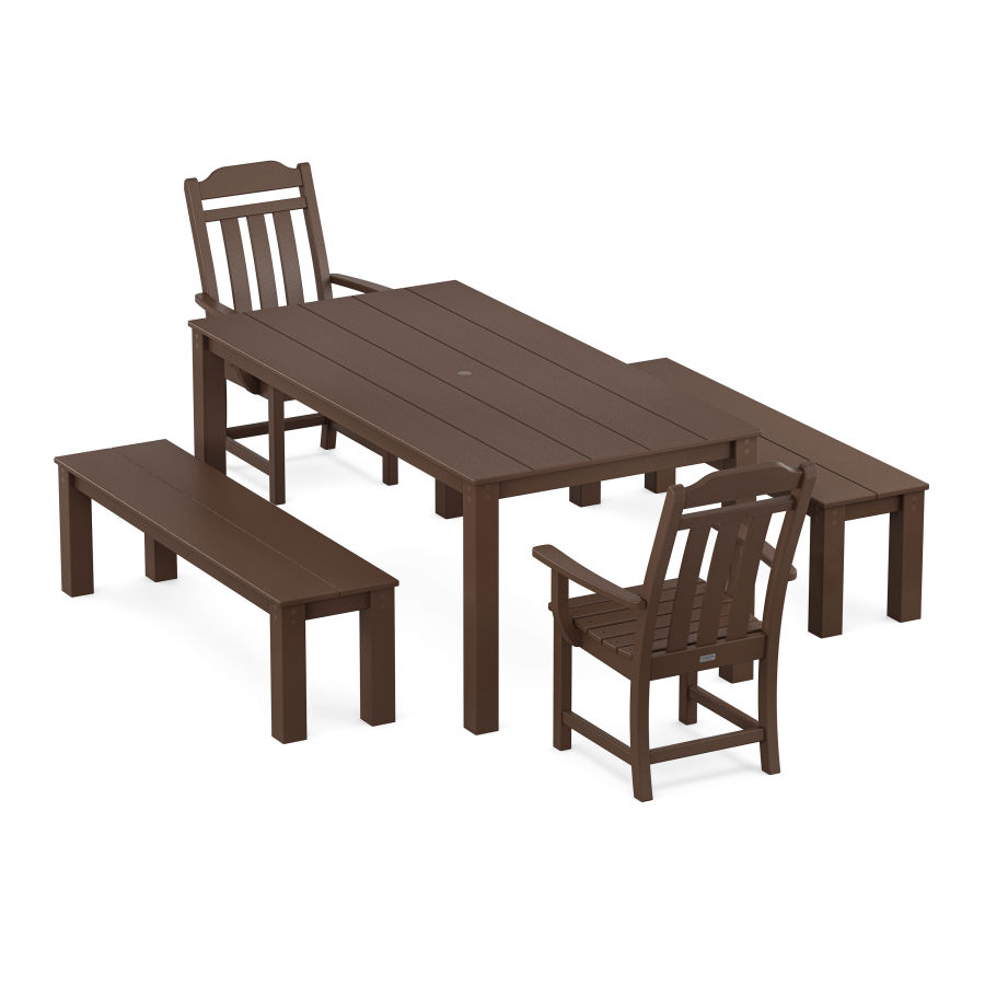 POLYWOOD Country Living 5-Piece Parsons Dining Set with Benches in Mahogany