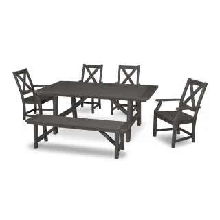 POLYWOOD Braxton 6-Piece Rustic Farmhouse Arm Chair Dining Set with Bench in Vintage Finish