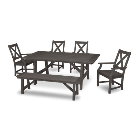 Braxton 6-Piece Rustic Farmhouse Arm Chair Dining Set with Bench in Vintage Coffee