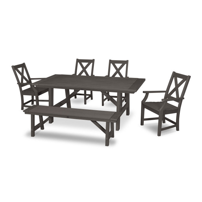 Braxton 6-Piece Rustic Farmhouse Arm Chair Dining Set with Bench in Vintage Finish