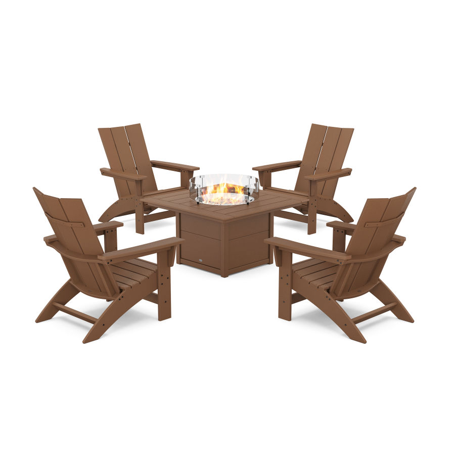 POLYWOOD 5-Piece Modern Grand Adirondack Conversation Set with Fire Pit Table in Teak
