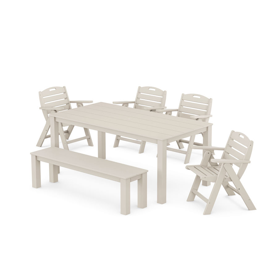 POLYWOOD Nautical Folding Lowback Chair 6-Piece Parsons Dining Set with Bench in Sand