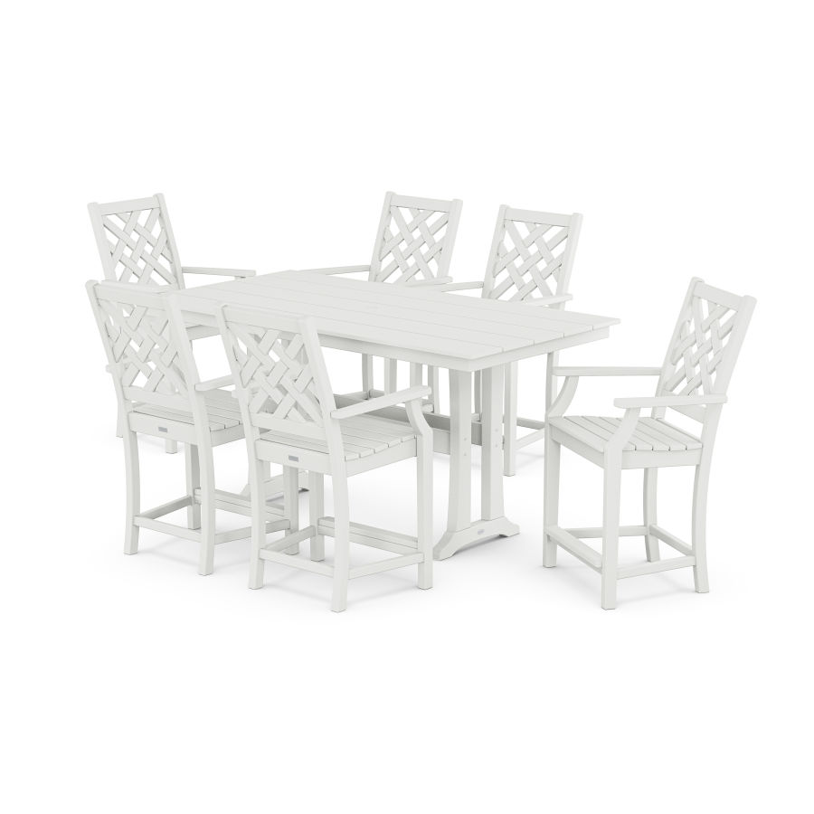 POLYWOOD Wovendale Arm Chair 7-Piece Farmhouse Counter Set with Trestle Legs in White