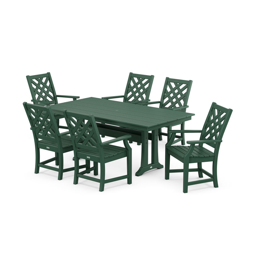 POLYWOOD Wovendale Arm Chair 7-Piece Farmhouse Dining Set with Trestle Legs in Green