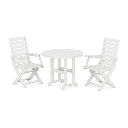 POLYWOOD Captain Folding Chair 3-Piece Round Dining Set in White