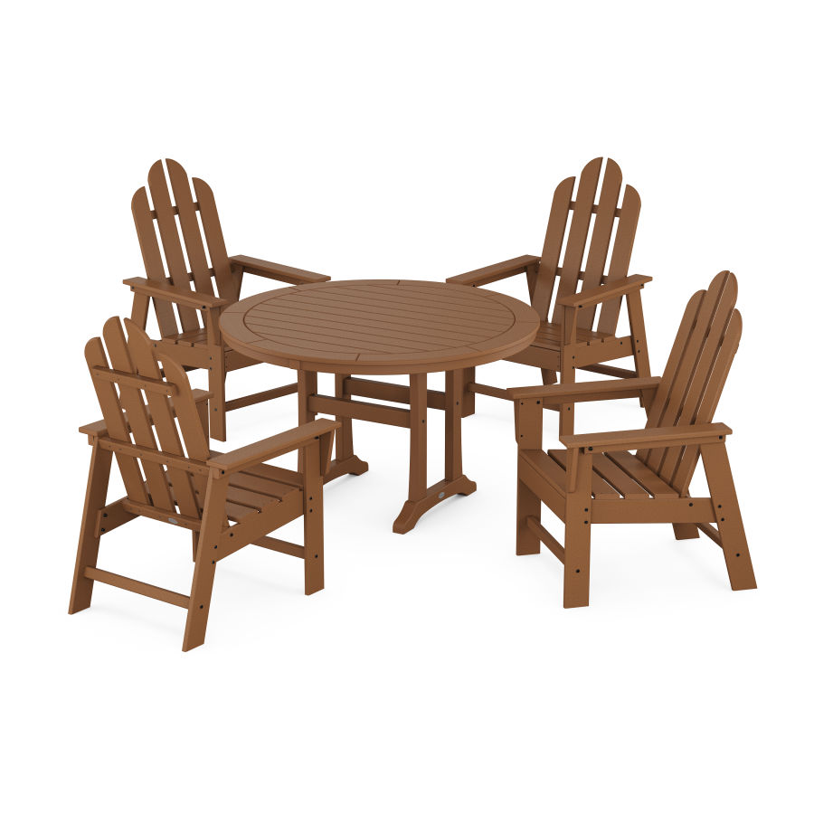 POLYWOOD Long Island 5-Piece Round Dining Set with Trestle Legs in Teak