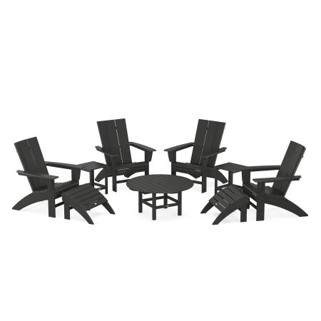 Modern Curveback Adirondack Chair 9-Piece Conversation Set in Black