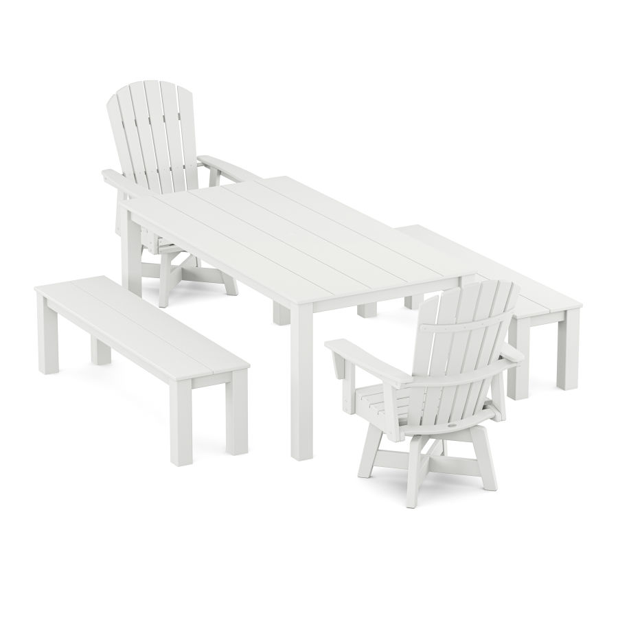 POLYWOOD Nautical Curveback Adirondack Swivel 5-Piece Parsons Dining Set with Benches in White