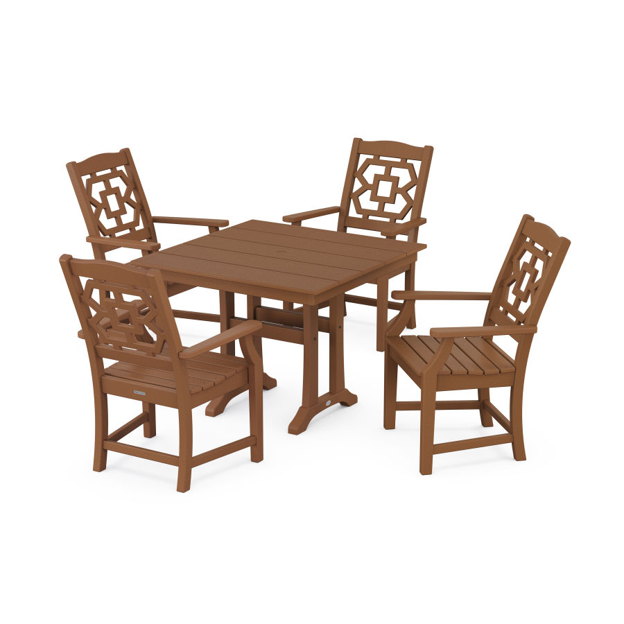 POLYWOOD Chinoiserie 5-Piece Farmhouse Dining Set with Trestle Legs in Teak