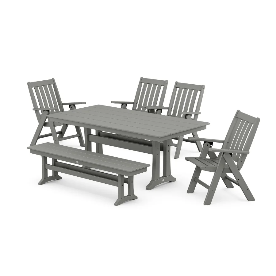 POLYWOOD Vineyard 6-Piece Folding Chair Farmhouse Dining Set with Trestle Legs and Bench