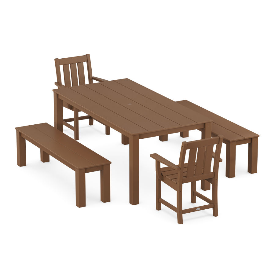 POLYWOOD Oxford 5-Piece Parsons Dining Set with Benches in Teak