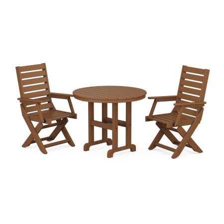 POLYWOOD Captain Folding Chair 3-Piece Round Dining Set in Teak