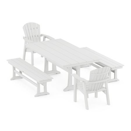 Seashell 5-Piece Farmhouse Dining Set With Trestle Legs in White