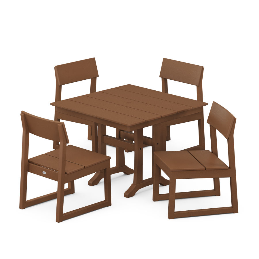POLYWOOD EDGE 5-Piece Farmhouse Trestle Side Chair Dining Set in Teak