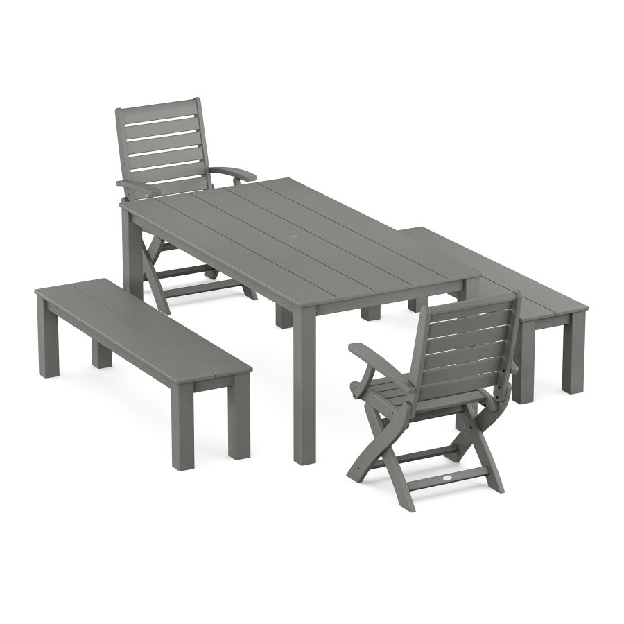 POLYWOOD Signature Folding Chair 5-Piece Parsons Dining Set with Benches
