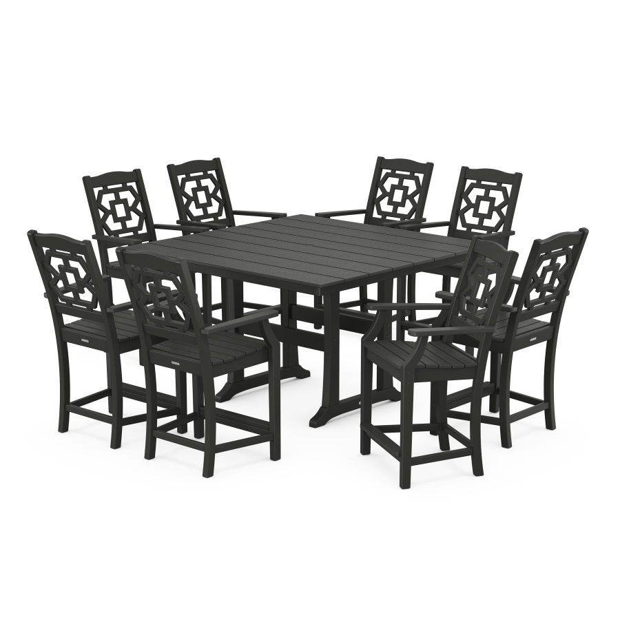 POLYWOOD Chinoiserie 9-Piece Square Farmhouse Counter Set with Trestle Legs in Black