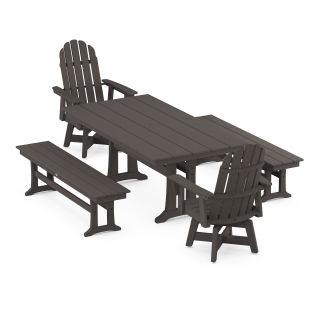 Vineyard Curveback Adirondack Swivel Chair 5-Piece Farmhouse Dining Set With Trestle Legs and Benches in Vintage Finish