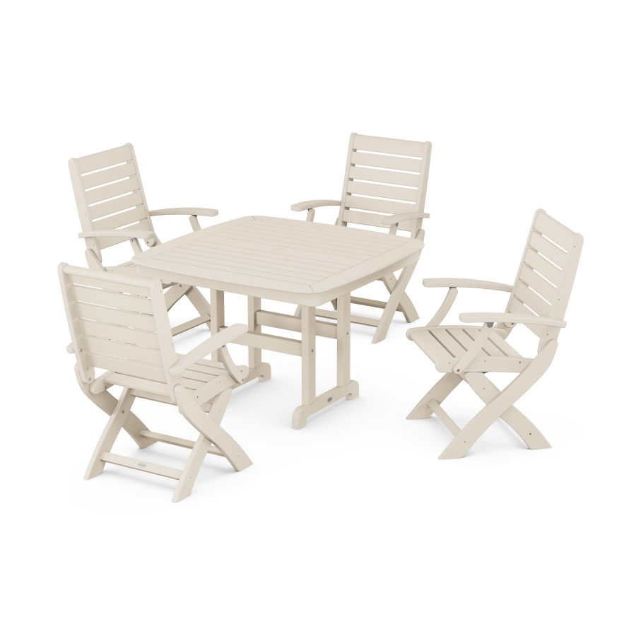 POLYWOOD Signature Folding Chair 5-Piece Dining Set with Trestle Legs in Sand