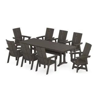 POLYWOOD Modern Curveback Adirondack Swivel 9-Piece Farmhouse Dining Set with Trestle Legs in Vintage Finish